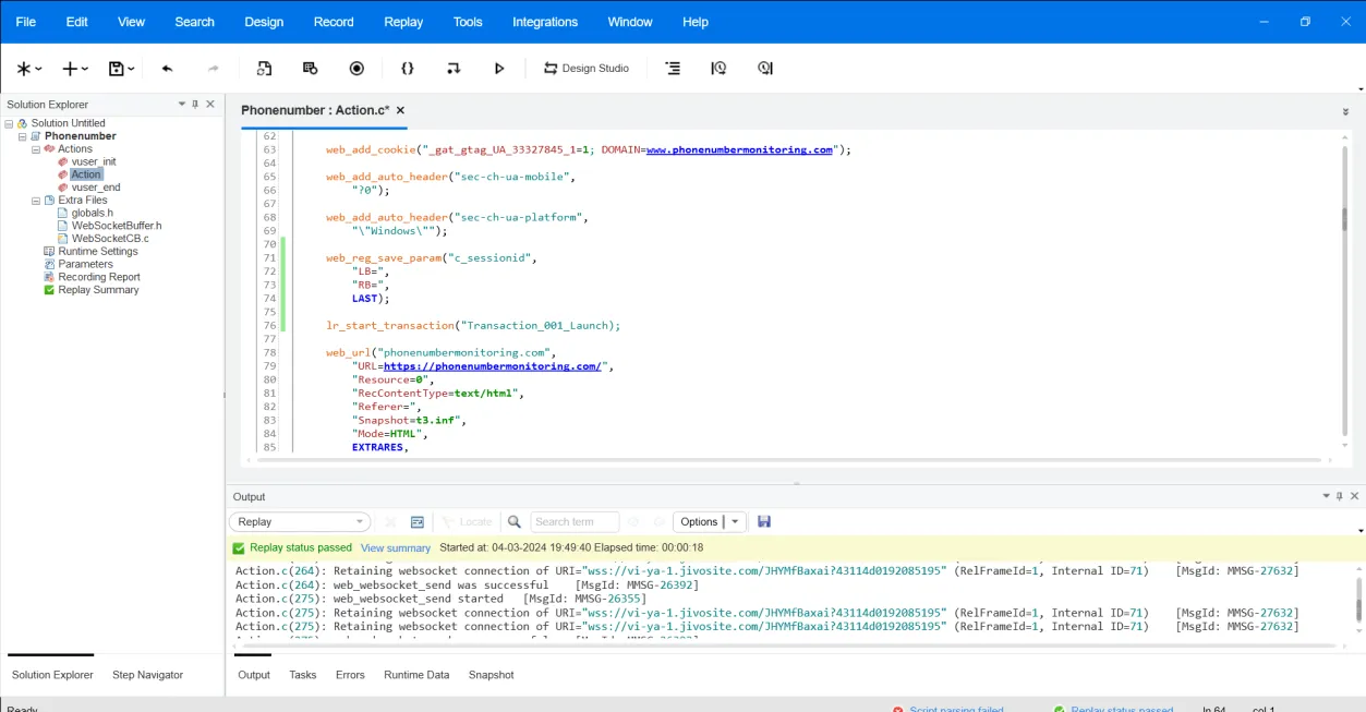 LoadRunner VuGen script editor with WebSocket requests