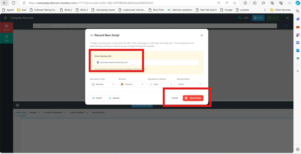 EveryStep Recorder new script dialog with a website URL