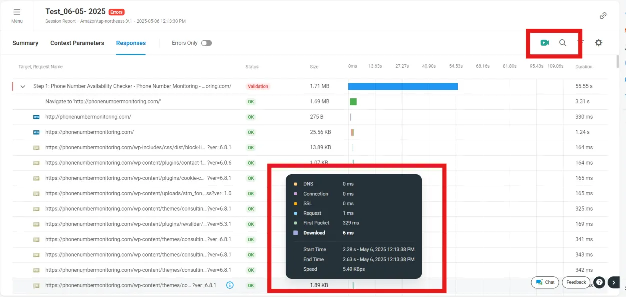 LoadView request response timeline with timing details