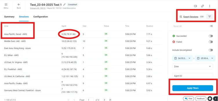 按负载注入器和响应时间筛选的 LoadView 会话列表