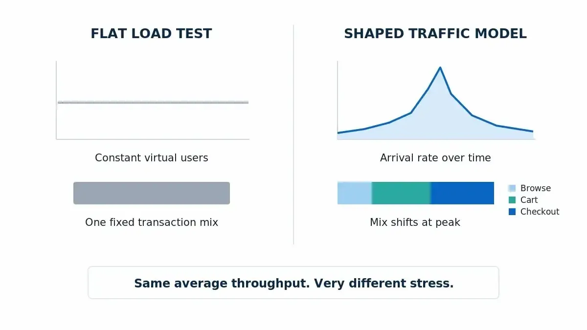 Comparison of a flat virtual user load test against a shaped arrival curve with varying transaction mix