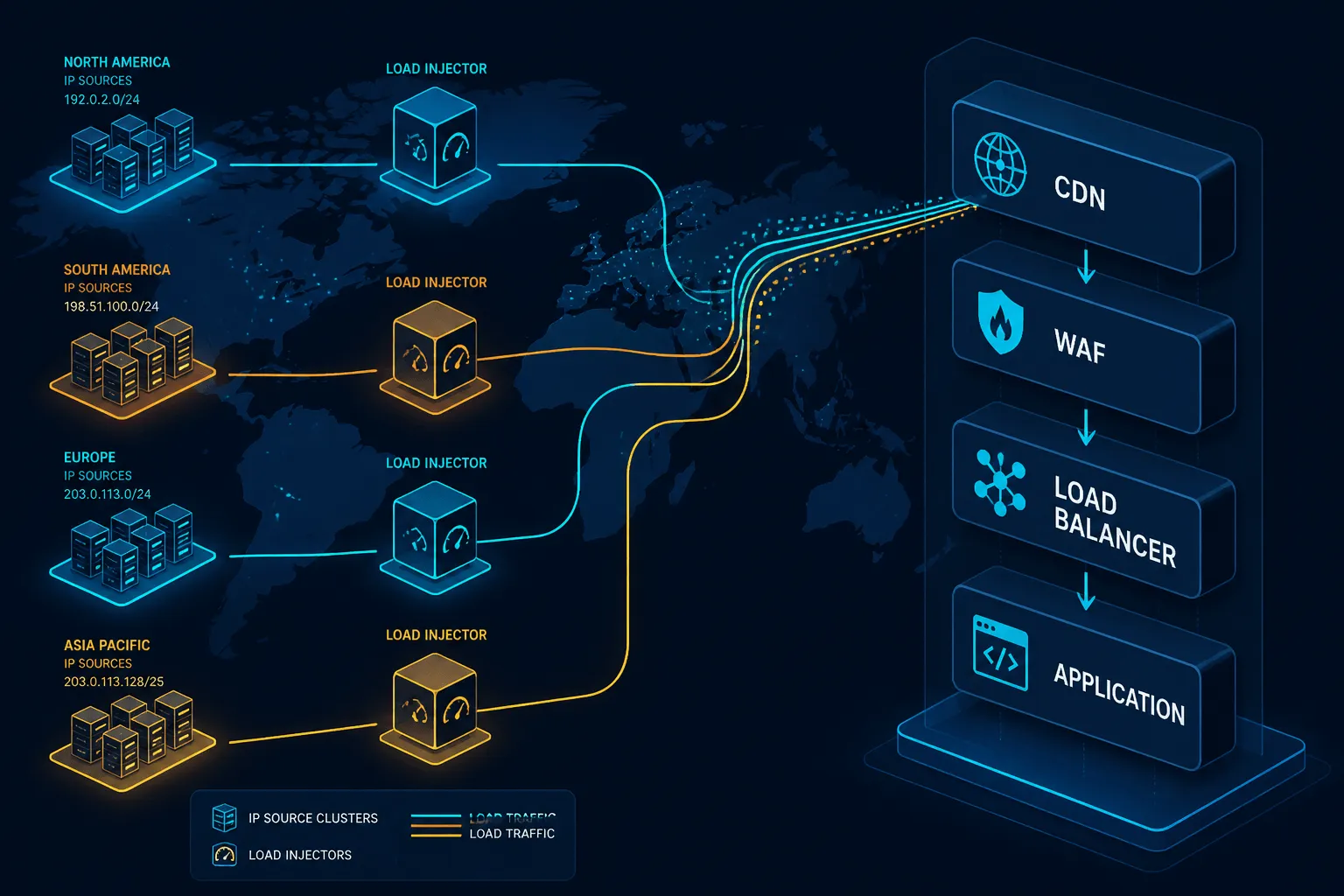 Diagrama de generadores de carga distribuidos en varias regiones del mundo que envían tráfico de prueba a través de la CDN, el WAF, el balanceador de carga y los servidores de aplicaciones.
