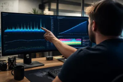 Performance engineer reviewing traffic pattern graphs for an enterprise application load test