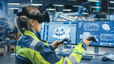 Factory: Female Industrial Engineer Wearing Virtual Reality Head