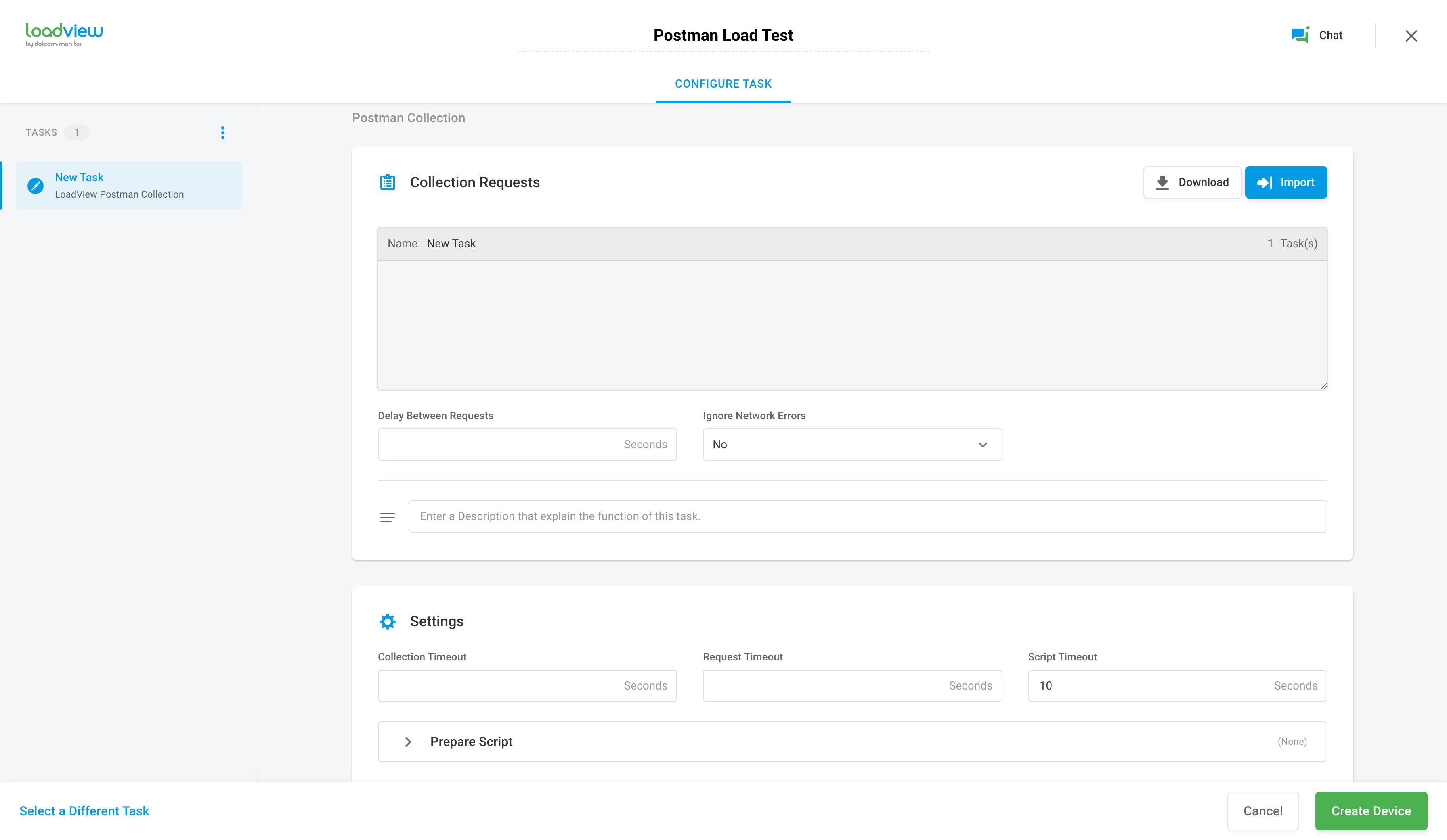 Postman Collection task setup screen in LoadView showing imported collection requests and task settings