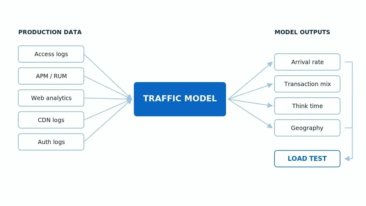 Diagram showing production data sources feeding into a traffic model with arrival rate, transaction mix, think time, and geography