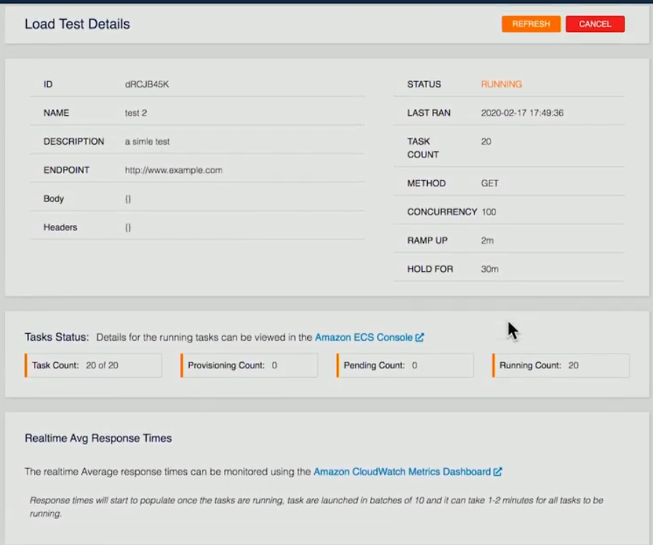 Detalles de la prueba de carga de AWS