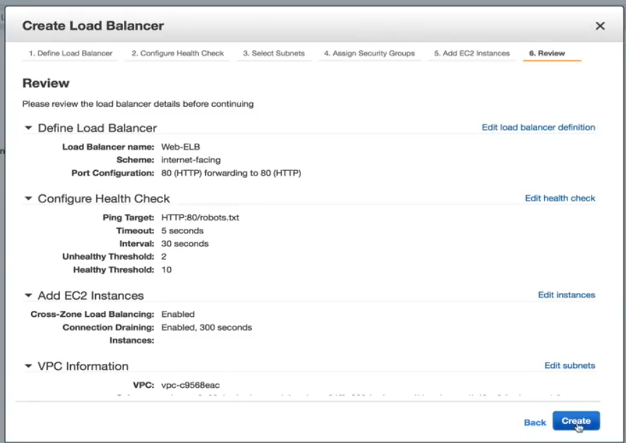 Create Load Balancer Review Page