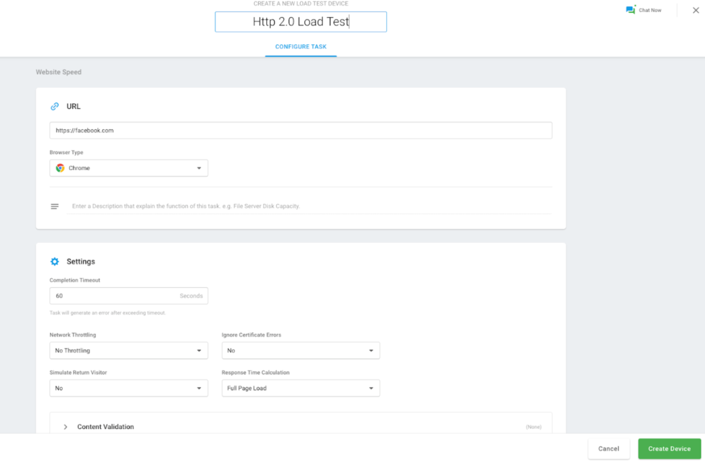 Criar novo dispositivo de teste de carga