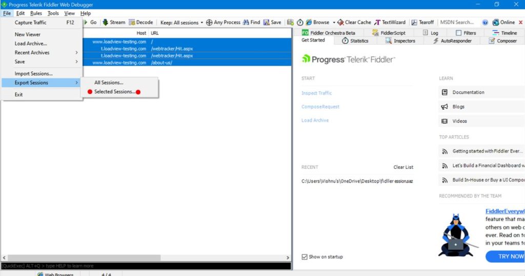 Sesiones de exportación de fiddler