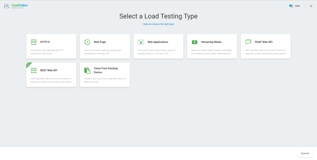 LoadView Sélectionnez un type de test de charge