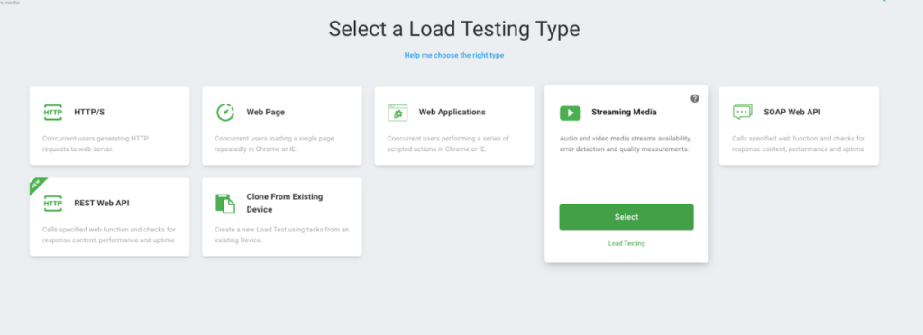 Streaming Media Sélectionnez le type de test de charge