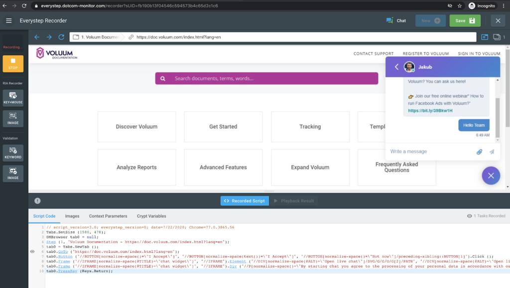 Ventana del escenario de prueba de Websocket