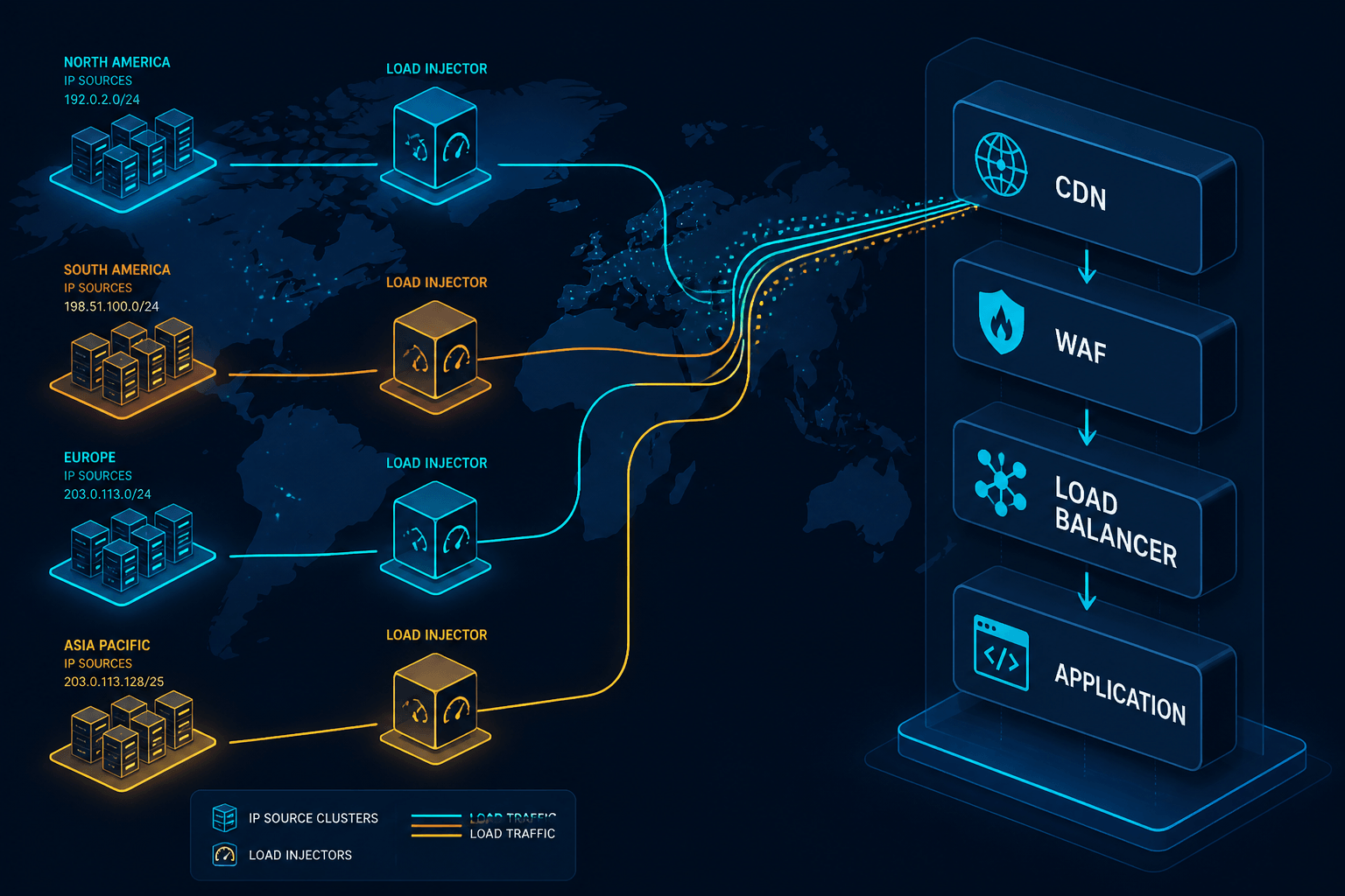 Diagram of distributed load generators in multiple global regions sending test traffic through CDN, WAF, load balancer, and app servers.