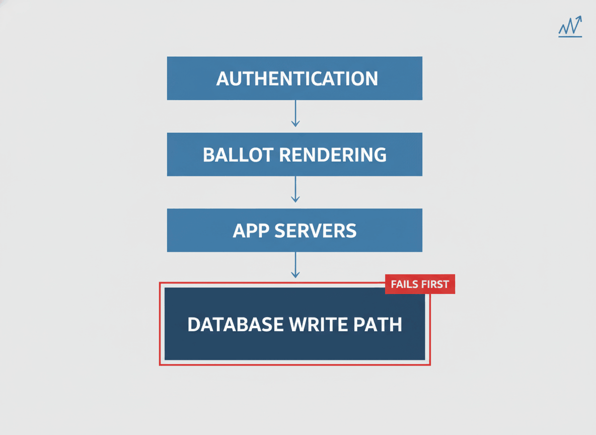 Diagram tracing a voter request through authentication, ballot rendering, and the database write path, with the failure points highlighted at each tier